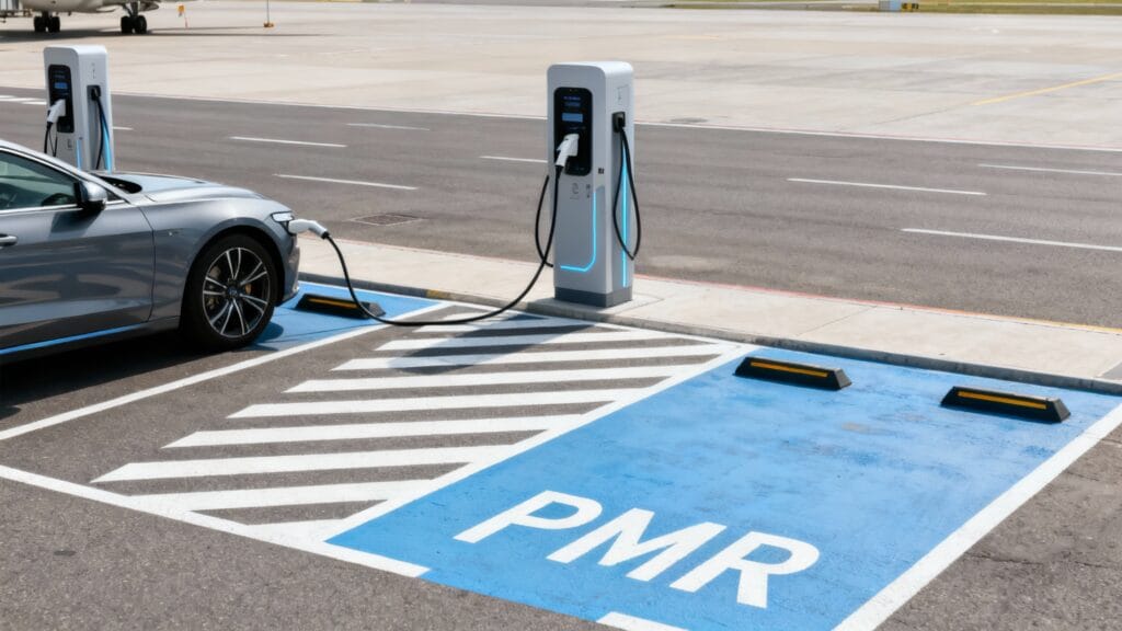 Bornes recharge EV et accessibilité PMR parking aéroport Luxembourg