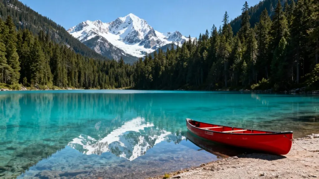 Lac turquoise, forêts et montagnes enneigées