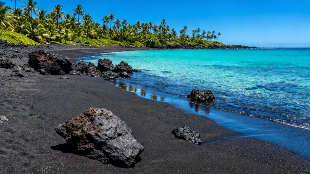 Plage de sable noir et eau claire au soleil en octobre
