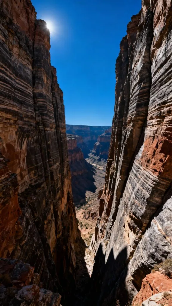 Canyon profond et falaises rocheuses, lumière contrastée