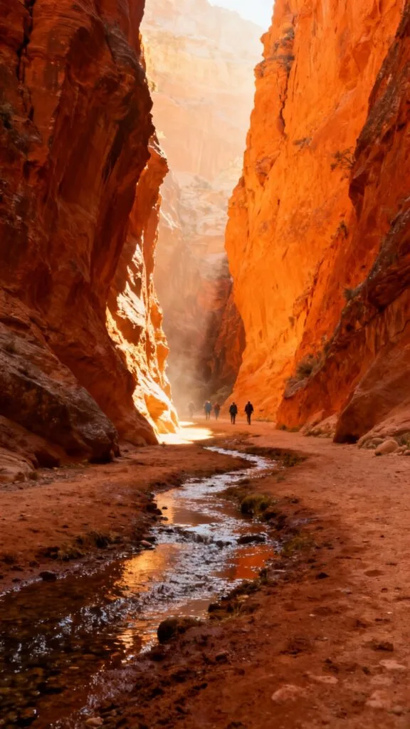 Couloir rocheux étroit aux hautes parois orangées