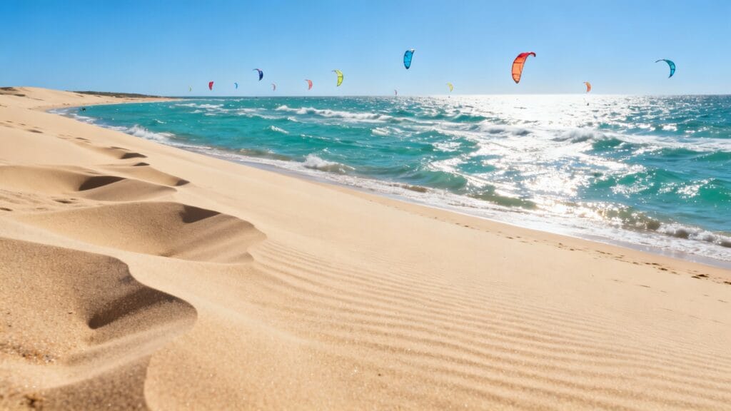 Grande plage ventée avec dunes et kitesurf