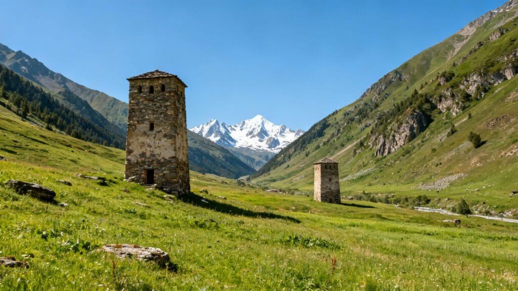 Vallée caucasienne avec tours de pierre et prairies