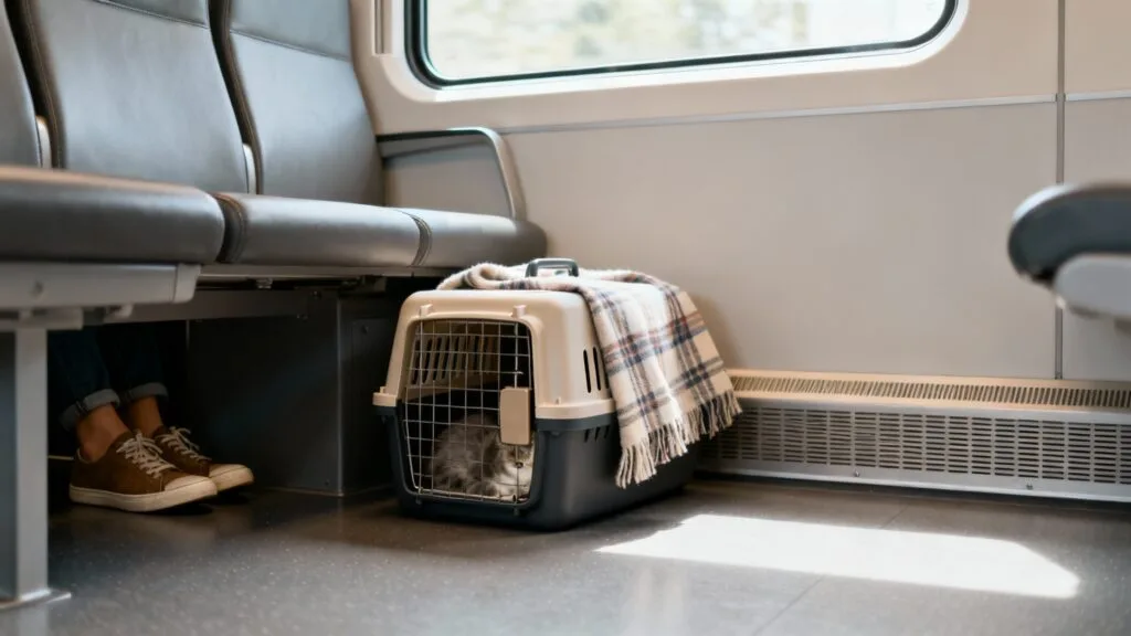 Chat en sac de transport dans un train, voyage serein