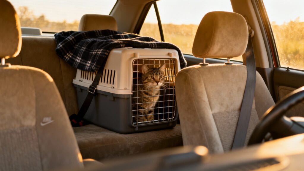 Transport de chat en voiture avec caisse attachée