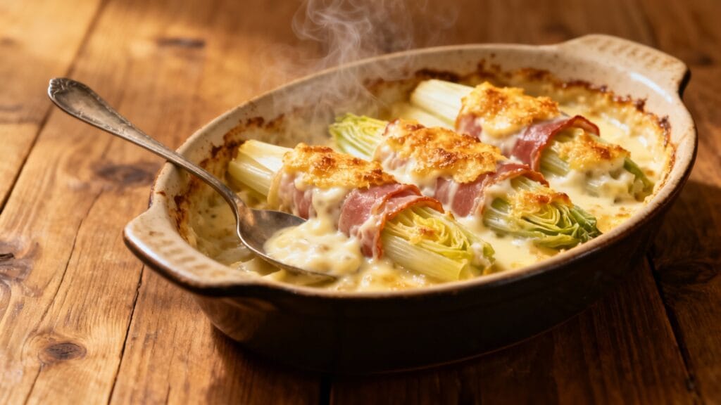 Chicons au gratin béchamel dorée et jambon