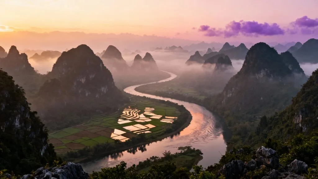 Paysage karstique chinois et rivière dans la brume