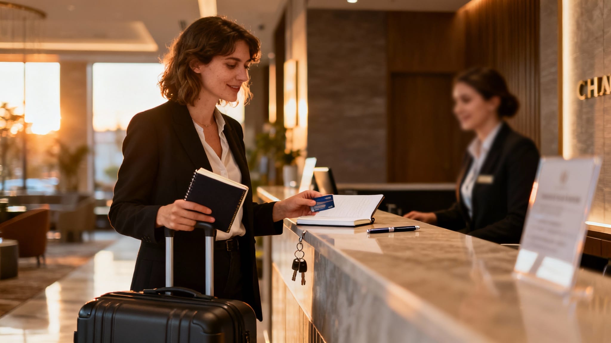 Voyageuse au check-in discret en hôtel, comment devenir client mystère voyage