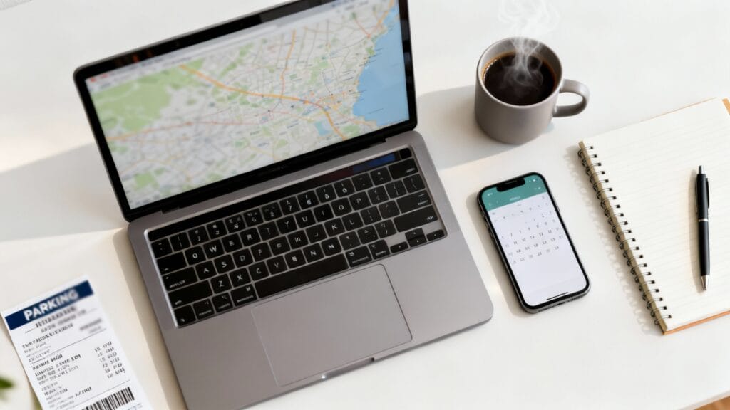 Bureau avec carte, carnet et outils pour comparer les tarifs de parking