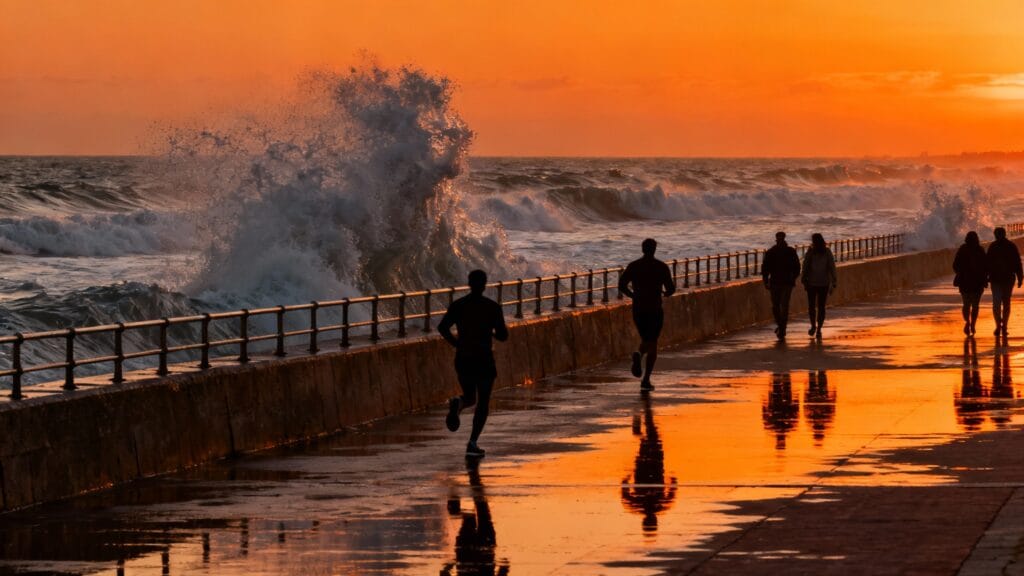 Corniche au coucher du soleil avec vagues et promeneurs