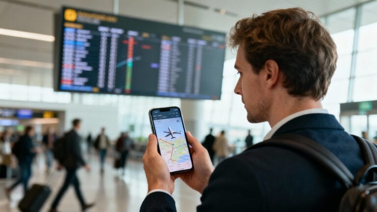 Voyageur vérifiant corsair suivi des vols sur smartphone