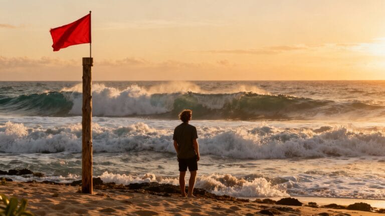 Costa Rica dangereux : plage sauvage avec drapeau rouge