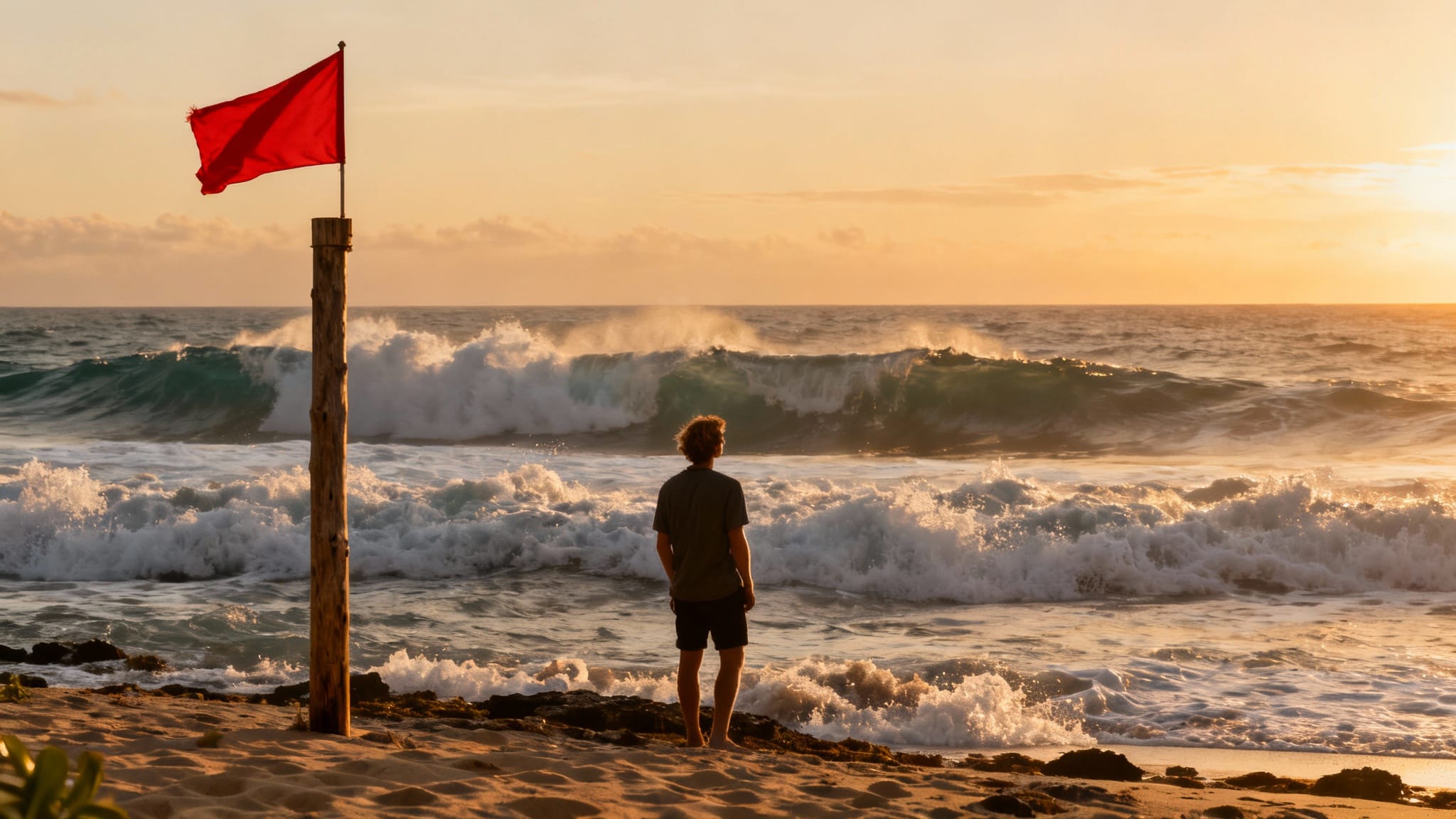 Costa Rica dangereux : plage sauvage avec drapeau rouge
