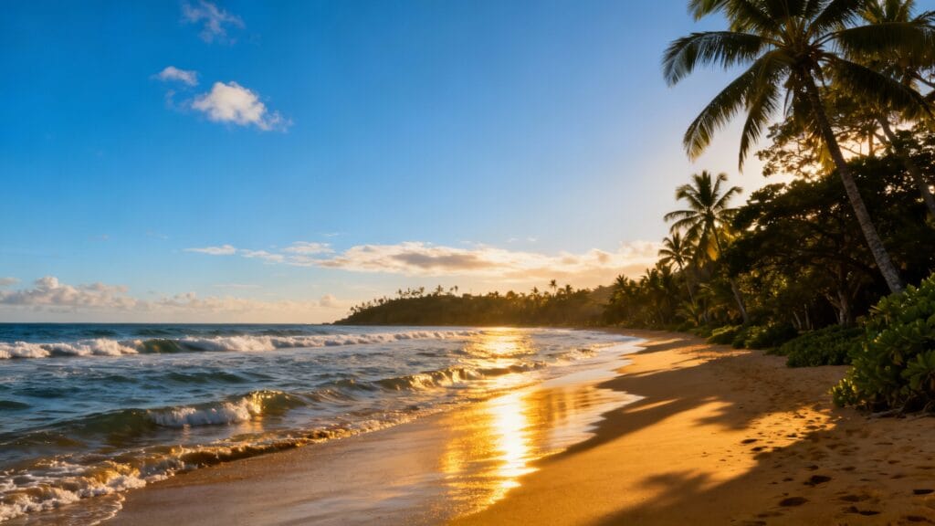 Baie ouverte, vagues, colline tropicale sous le soleil