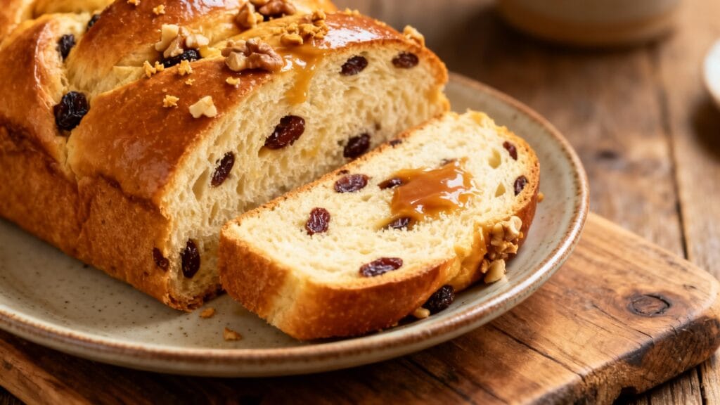 Cramique, brioche belge aux raisins tranchée