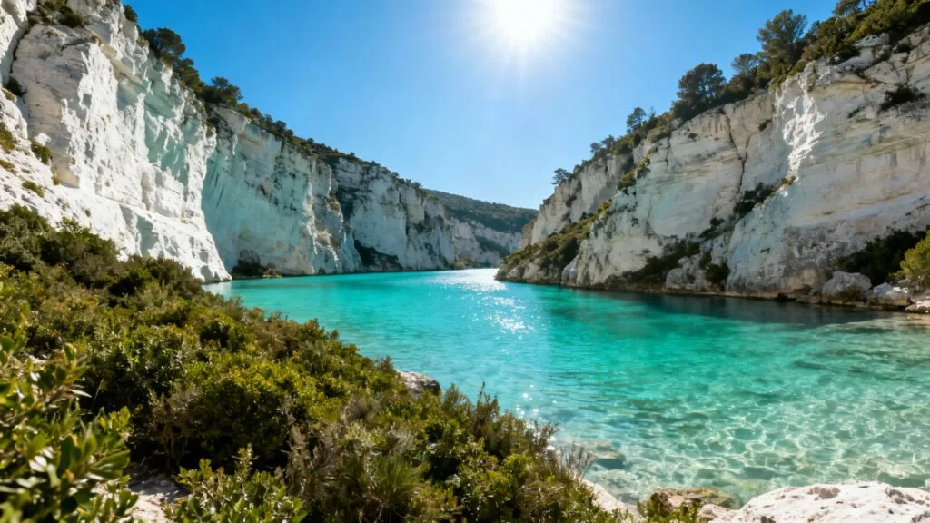 Crique méditerranéenne turquoise bordée de falaises claires