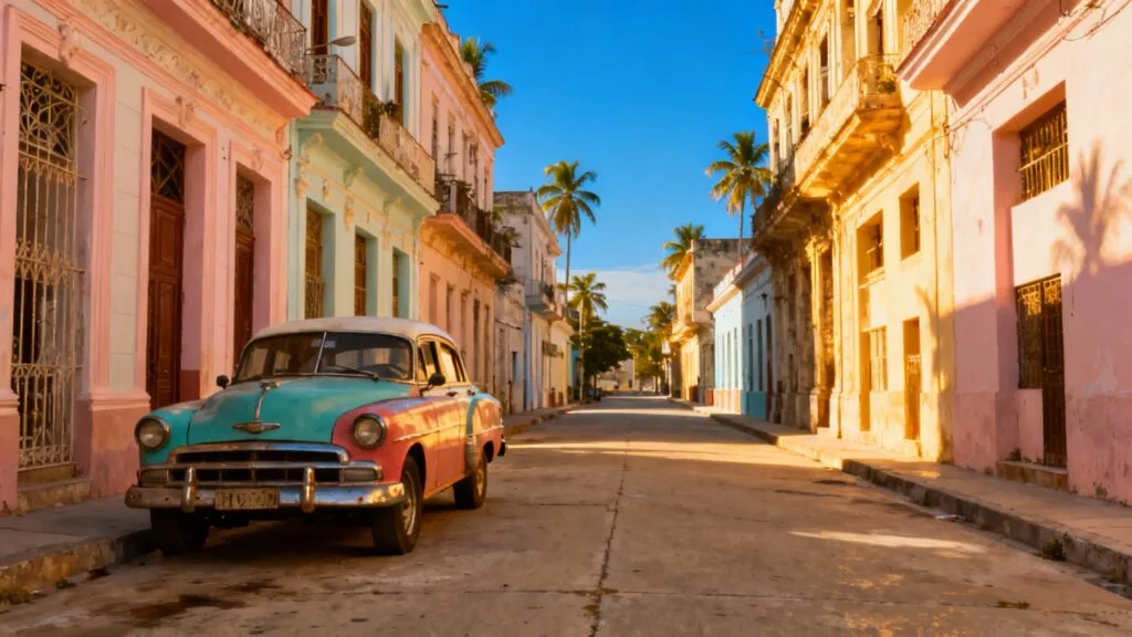 Façades pastel et voiture rétro sous le soleil