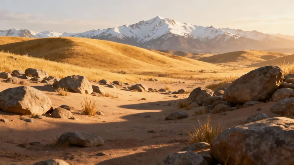 Collines minérales et lumière dorée dans un désert