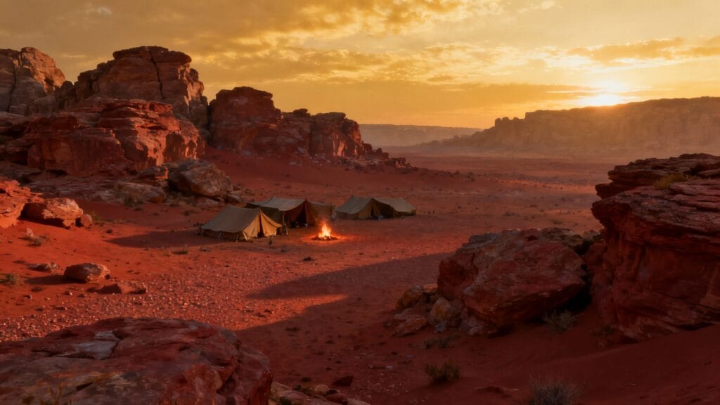 Vallée de grès et camp bédouin, lumière du soir
