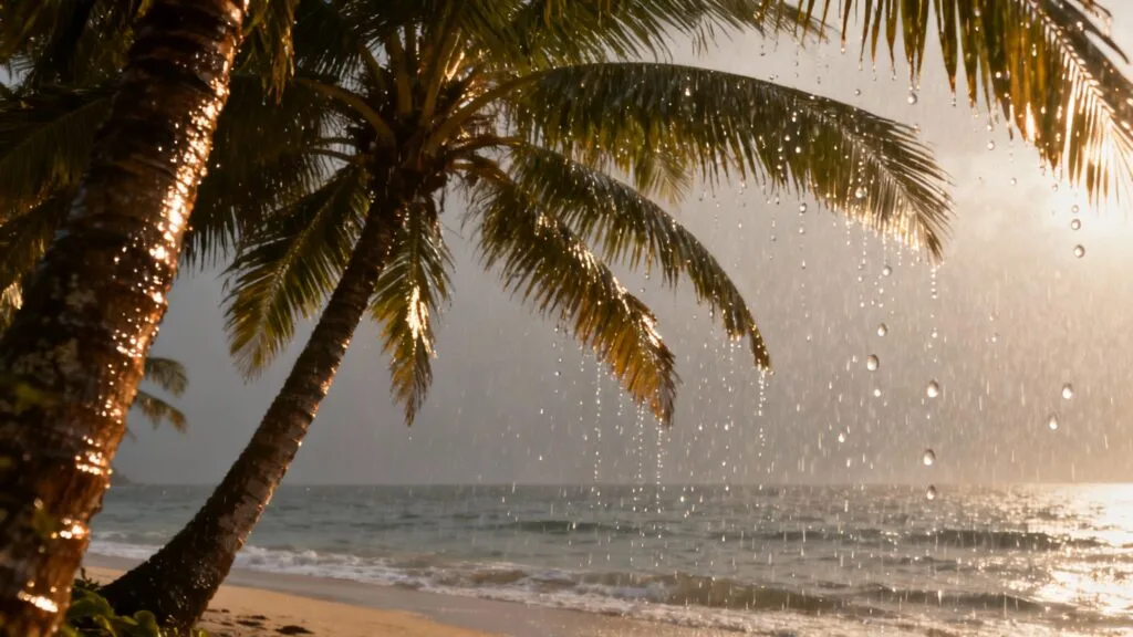 Pluie tropicale sur plage bordée de palmiers en hiver