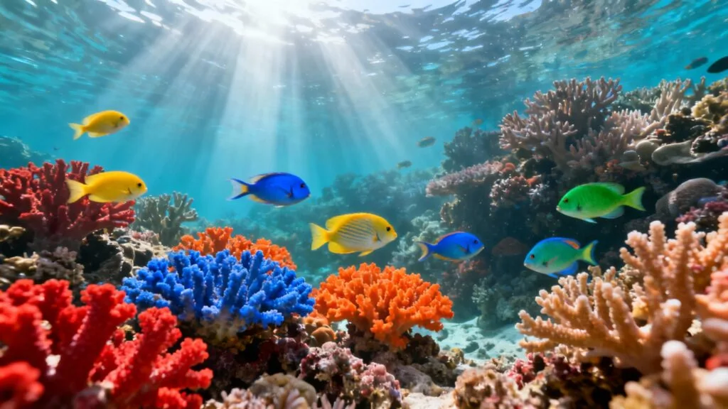 Récif corallien éclatant et poissons tropicaux