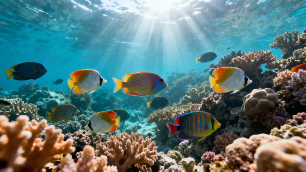 Récif corallien et poissons tropicaux en eau tiède