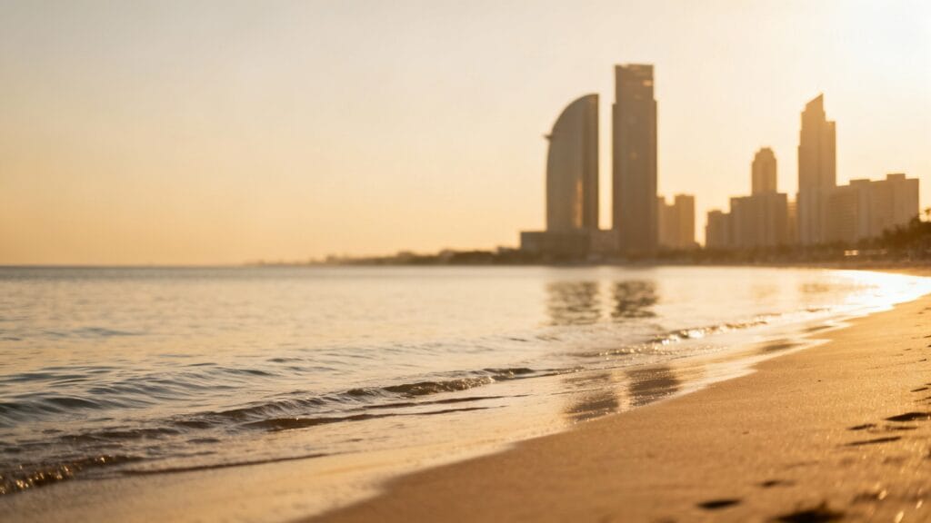 Plage urbaine et skyline moderne, chaleur garantie