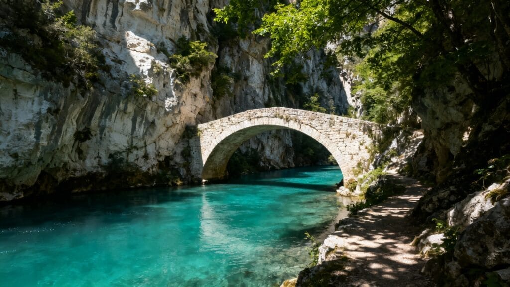 Pont en pierre au‑dessus d’un torrent turquoise