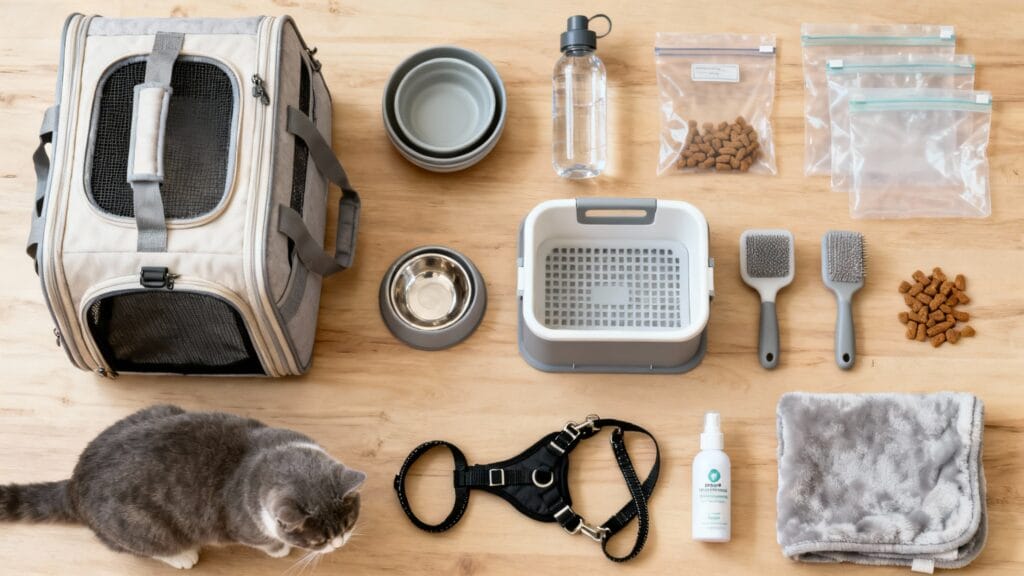Équipement de voyage pour chat : caisse, gamelles, litière