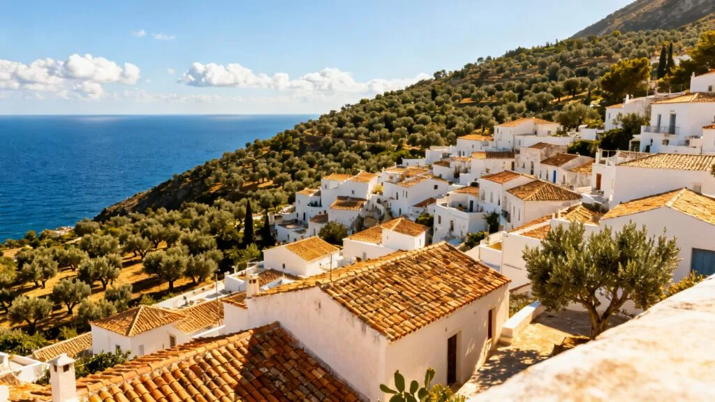 Village blanc sur colline, mer bleue et oliviers
