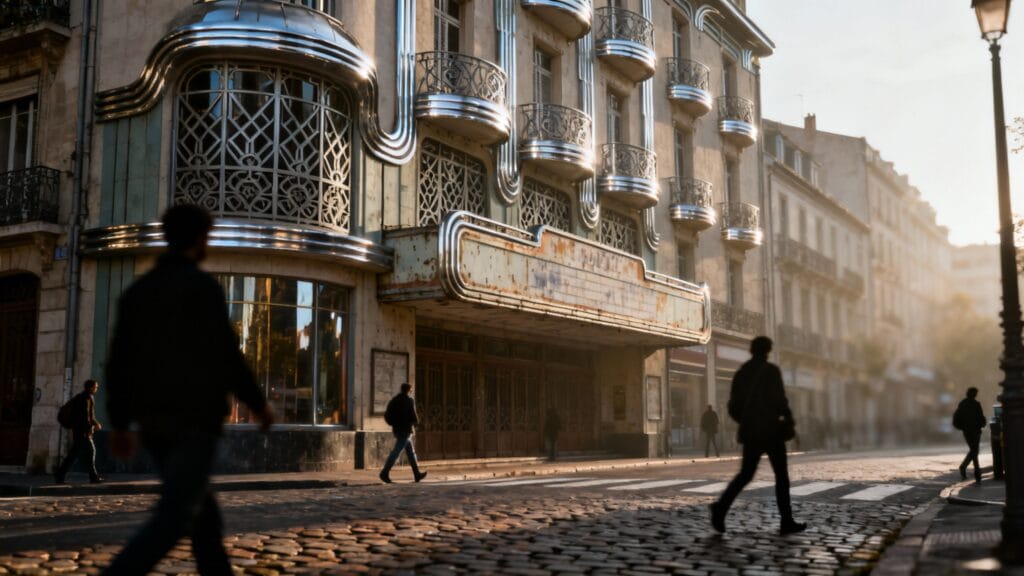 Façades art déco urbaines et balcons arrondis