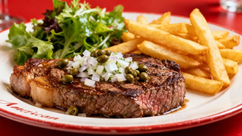 Filet américain assaisonné avec frites belges