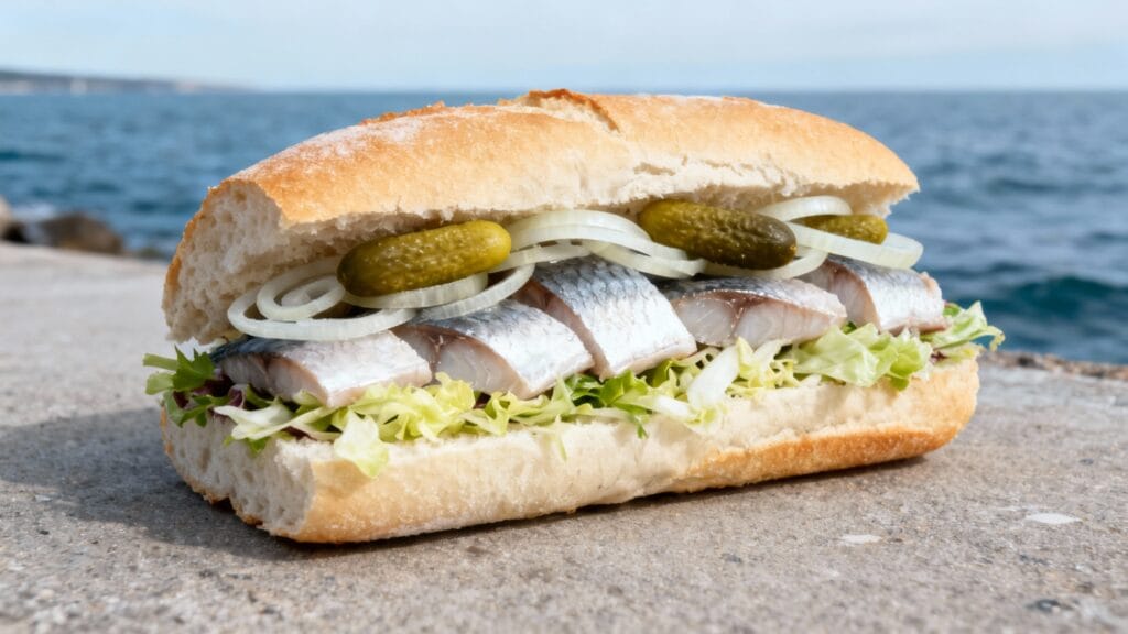 Fischbrötchen au hareng avec oignons et cornichons