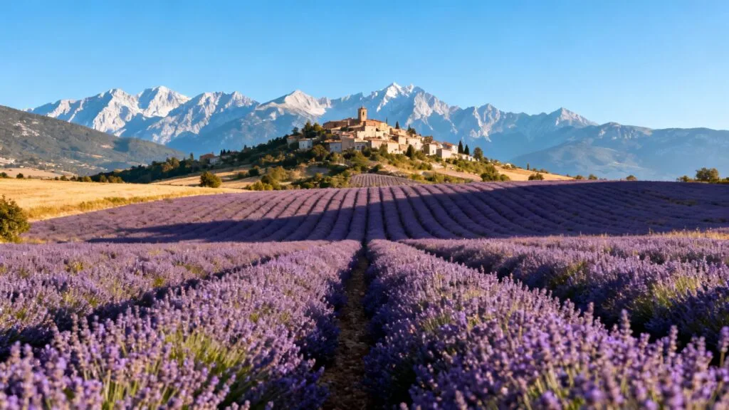 Lavande, village perché et sommets au loin
