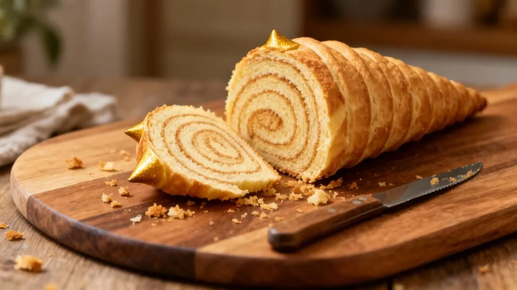 Gâteau à la broche tranché, dessert aveyronnais traditionnel