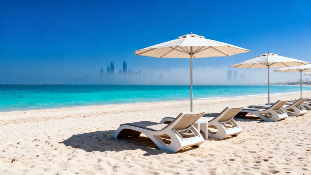 Grande plage urbaine avec mer très chaude en octobre