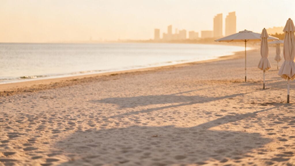 Plage de sable fin, mer chaude, ambiance urbaine moderne