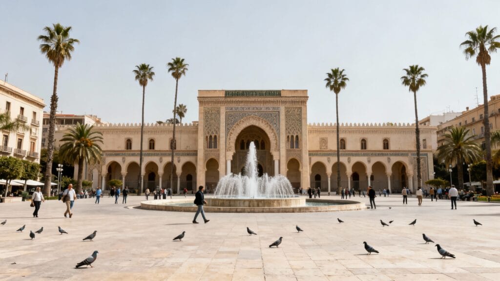 Grande place avec fontaine et bâtiments néo-mauresques