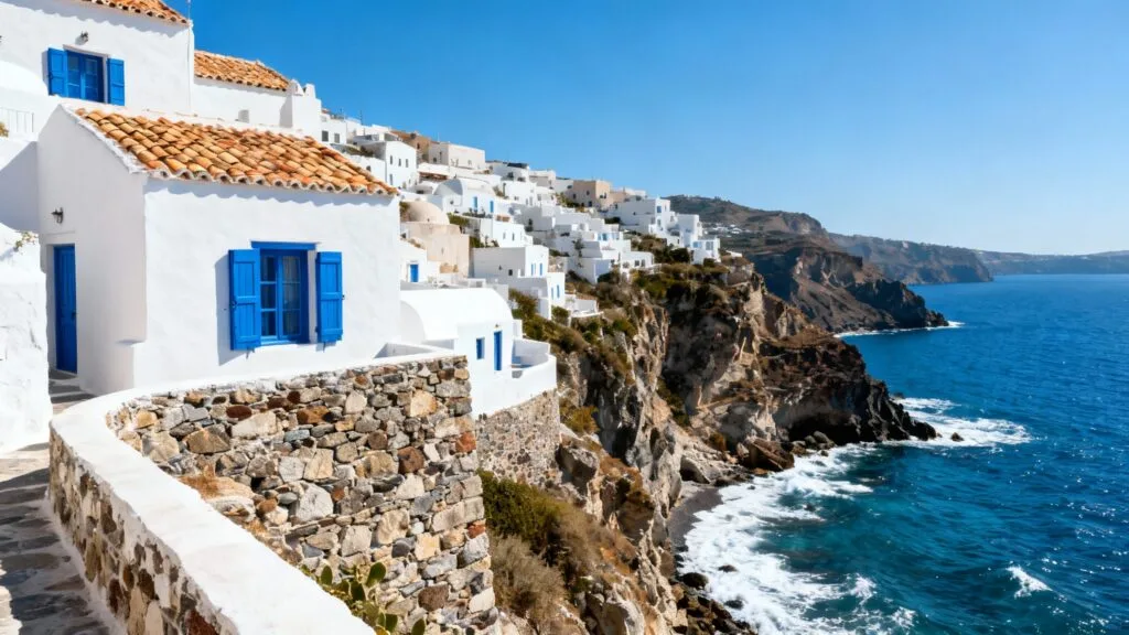 Maisons blanches et baie azur, ambiance méditerranéenne