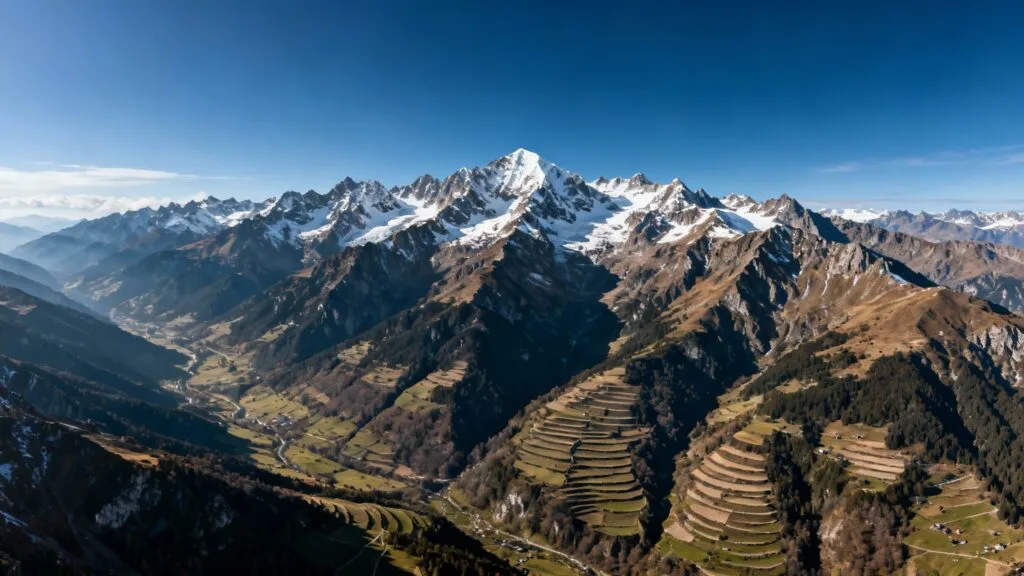 Reliefs de montagne et vallées en terrasses, lumière nette
