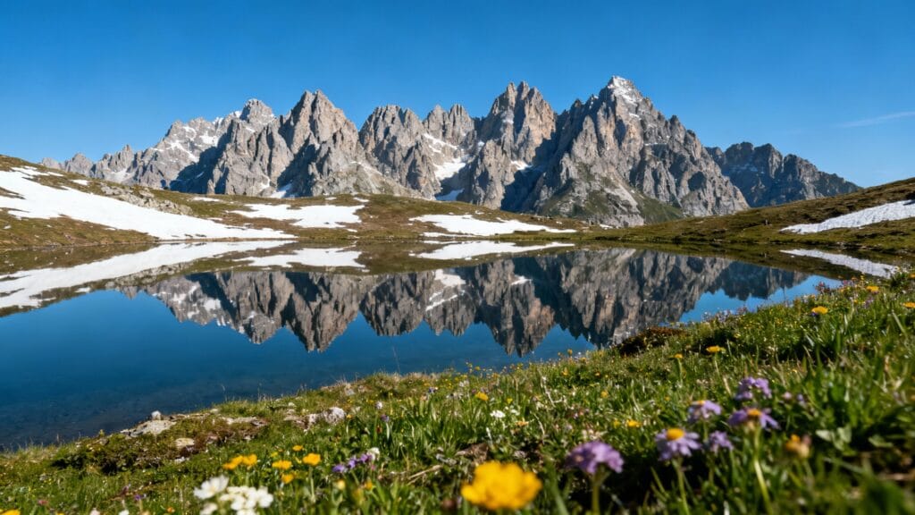 Lac alpin et sommets acérés, ciel clair