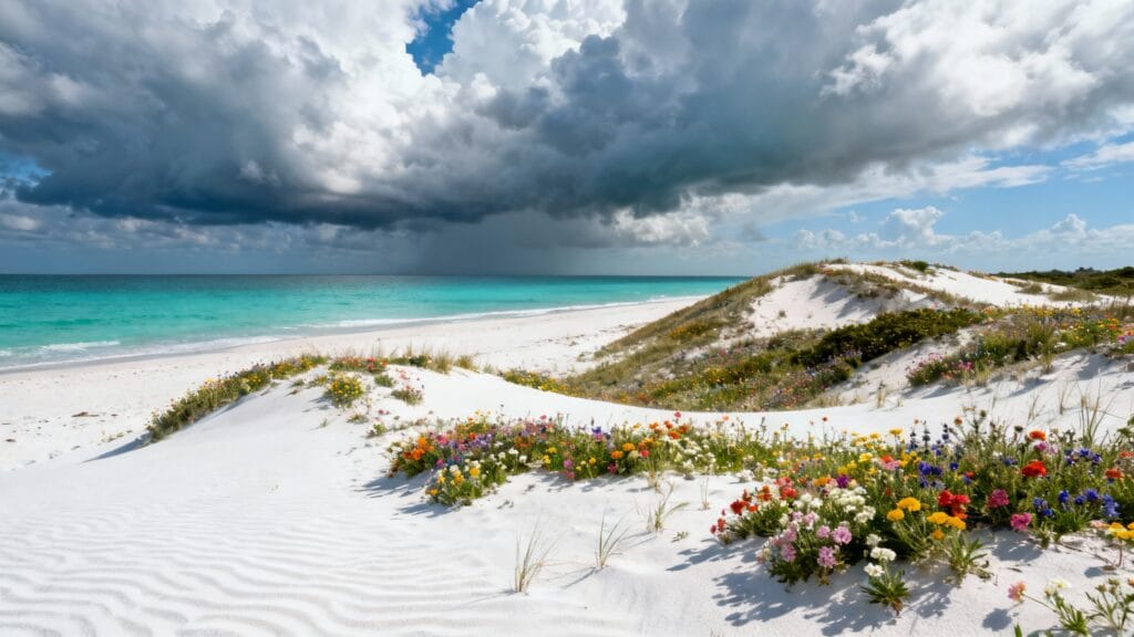 Plage blanche et eau turquoise, ciel changeant