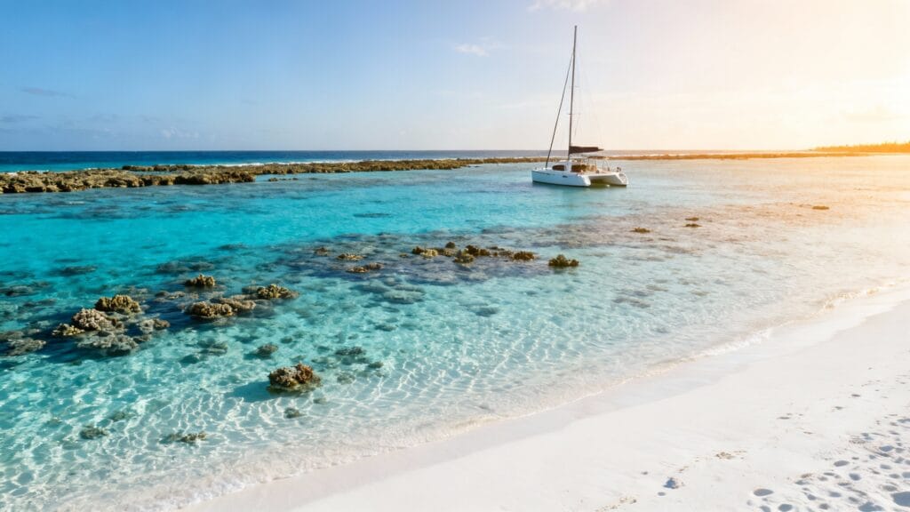 Plage blanche, lagon turquoise, barrière de corail lointaine