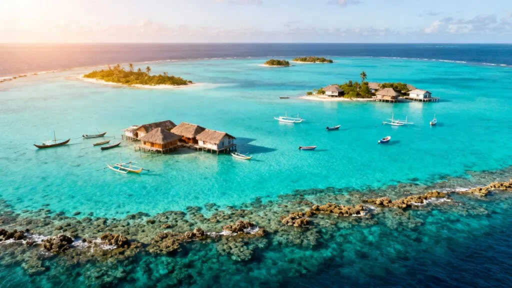 Atoll tropical en Micronésie avec lagon et îlots habités