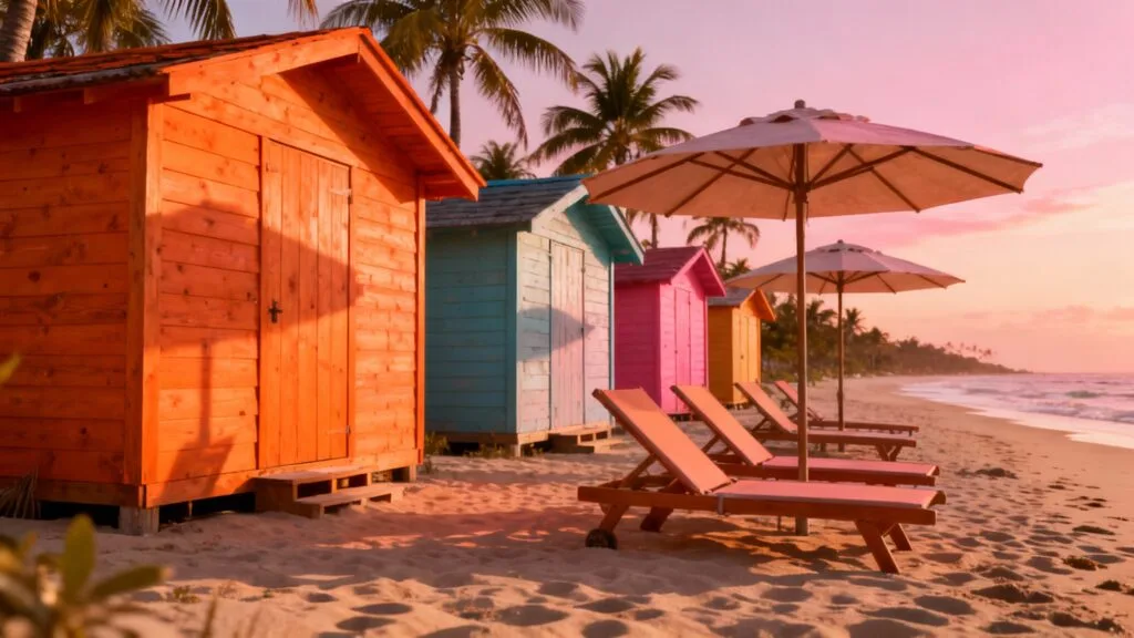 Plage décontractée avec shacks et palmiers au soleil