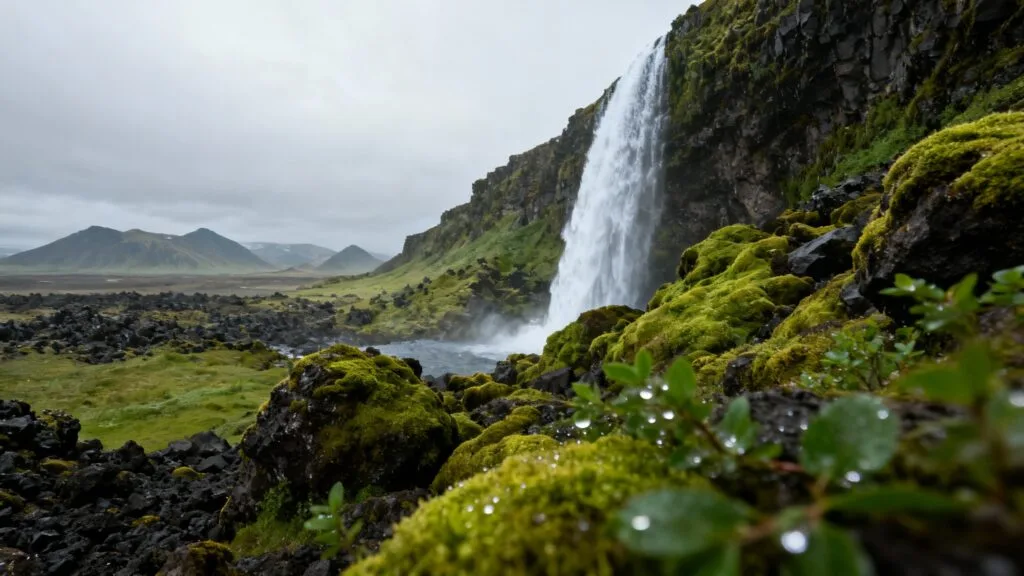 Cascade islandaise et lave couverte de mousse verte