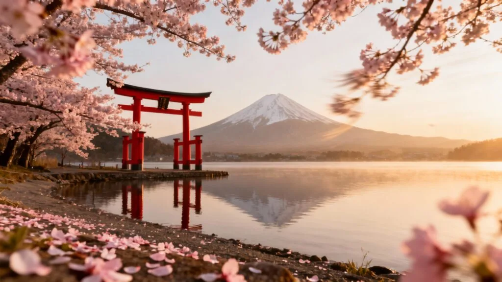 Sakura, torii et volcan sous une douce lumière