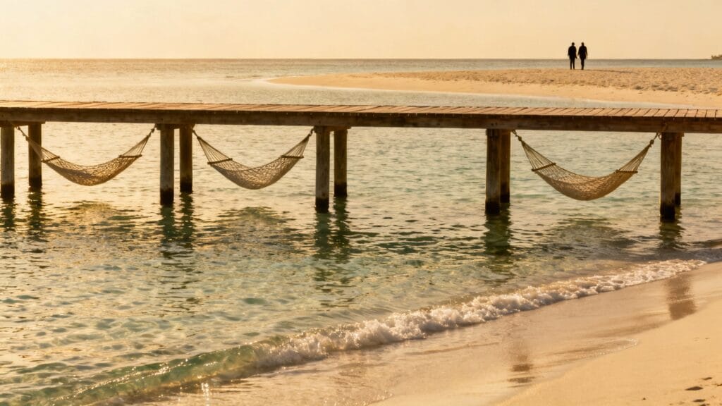 Pontons sur lagon clair, instaspot baignade tranquille