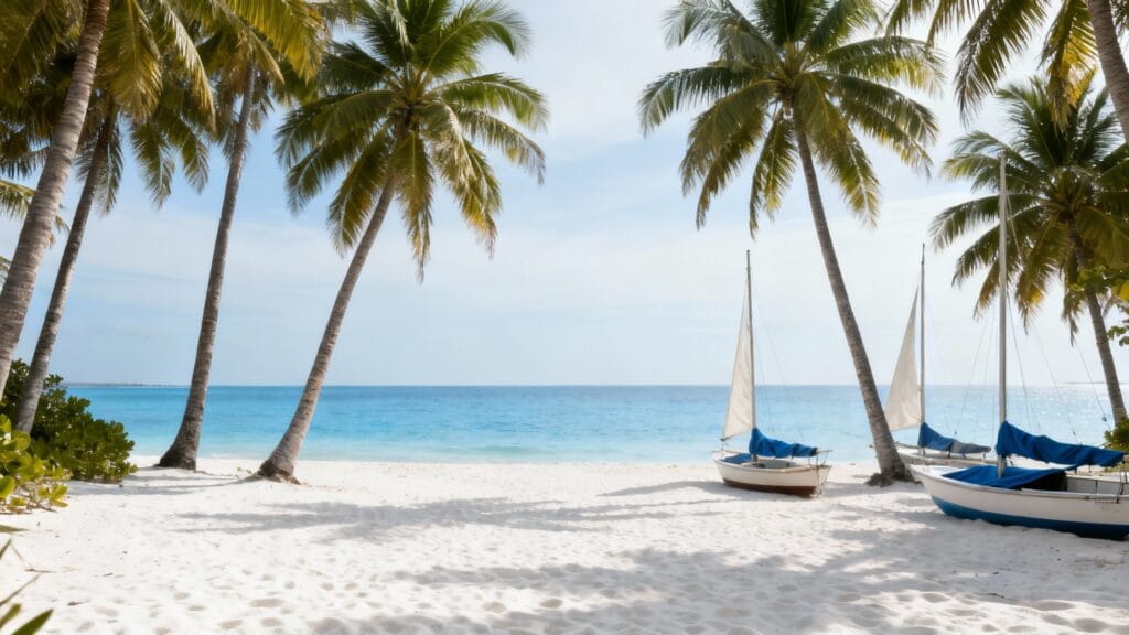 Plage blanche et palmiers, soleil et mer chaude en octobre