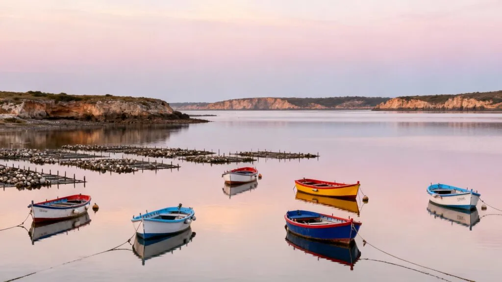 Lagune calme avec barques colorées et eau lisse